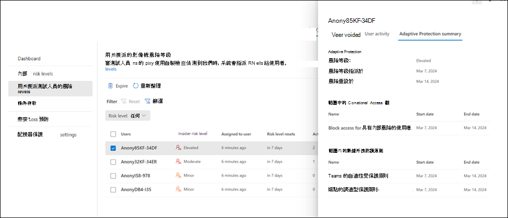 測試人員風險管理調適型保護使用者詳細數據。