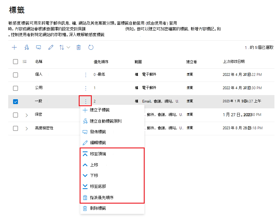 顯示變更敏感度標籤優先順序選項的螢幕快照。