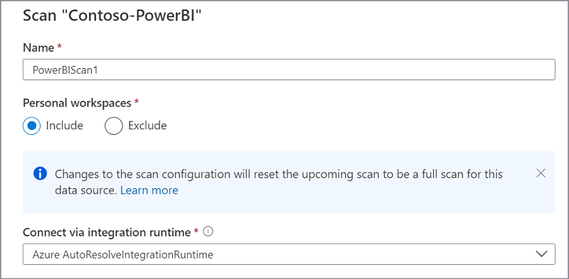 顯示 Power BI 掃描設定的螢幕快照，其中使用跨租使用者的 Azure 整合運行時間。