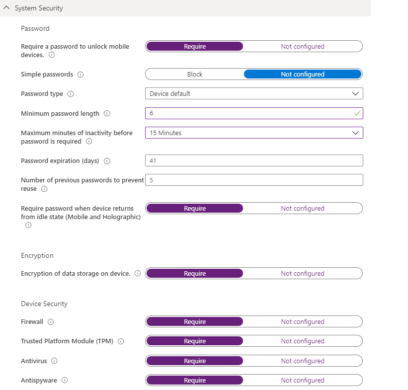 Windows 10 合規性政策設定中系統安全性的螢幕快照。