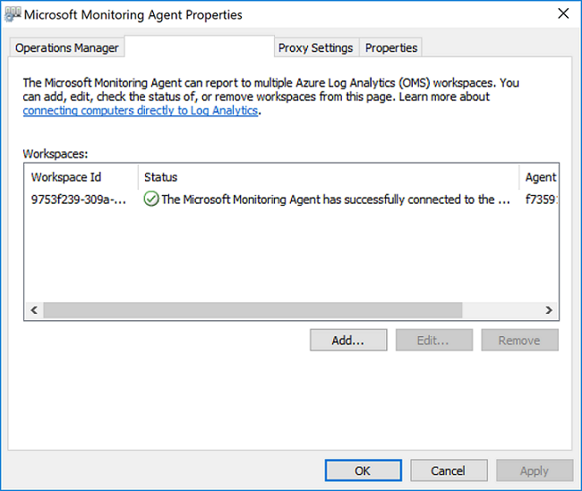 Microsoft Monitoring Agent 屬性視窗顯示綠色核取記號。