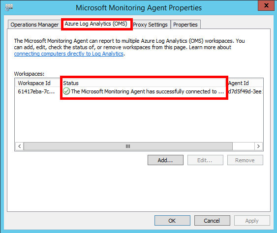 Microsoft Monitoring Agent 屬性視窗顯示醒目提示的 [Azure Log Analytics] 索引標籤和成功的連線。