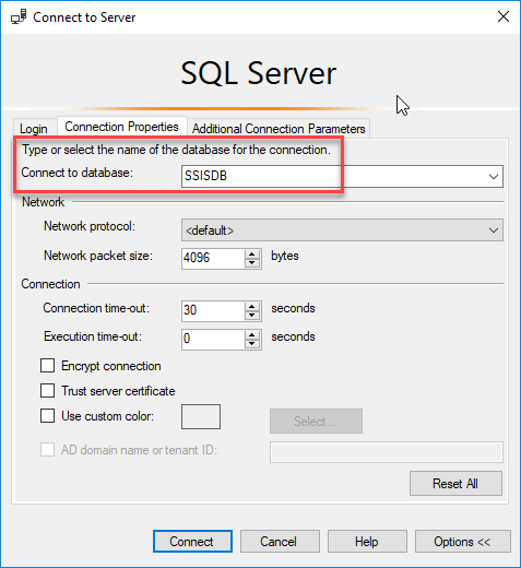 選取連線的 SSISDB 資料庫