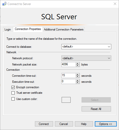 SQL Server Management Studio 連線對話方塊的螢幕擷取畫面。