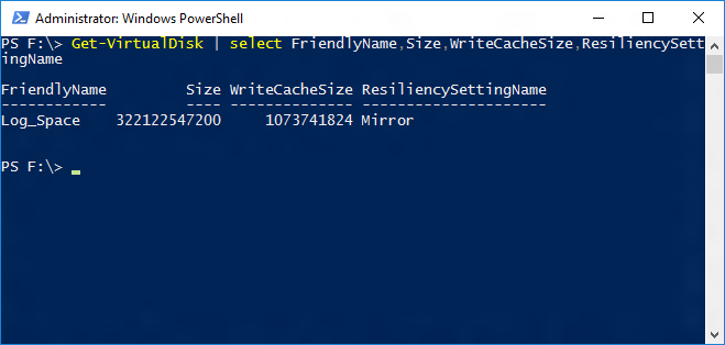 Windows Powershell 視窗的螢幕擷取畫面，其中顯示 Get-VirtualDisk Cmdlet 的輸出。