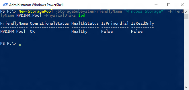 Windows Powershell 視窗的螢幕擷取畫面，其中顯示 New-StoragePool Cmdlet 的輸出。