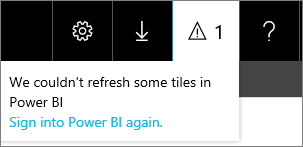 通知下拉式清單的螢幕擷取畫面，其中顯示「我們無法重新整理 PowerBI 中的某些磚」這則訊息。