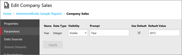 顯示 [Edit Company Sales] \(編輯公司銷售\) 對話方塊中 [參數] 畫面的螢幕擷取畫面。