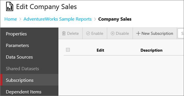 顯示 [Edit Company Sales] \(編輯公司銷售\) 對話方塊中 [訂用帳戶] 畫面的螢幕擷取畫面。