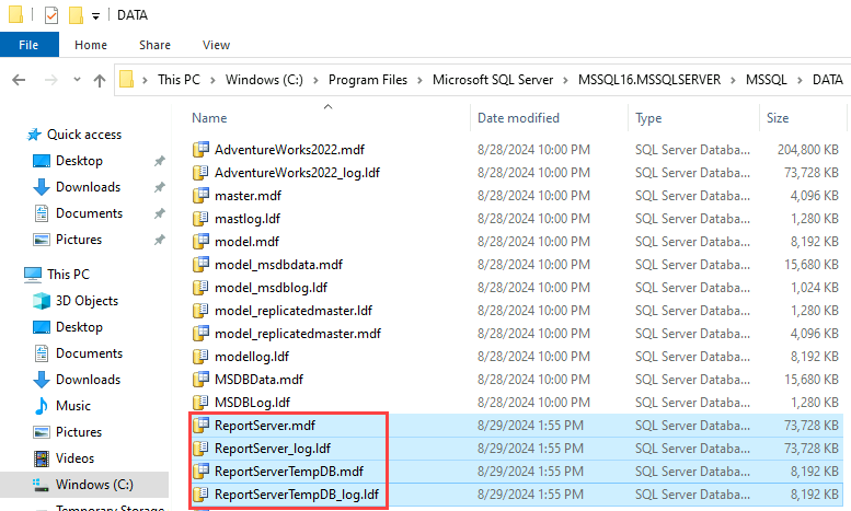 檔案總管 的螢幕快照。在 [數據] 資料夾中，.mdf和 .ldf 檔案會反白顯示報表伺服器資料庫和暫存資料庫。