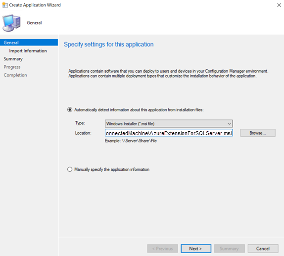 Configuration Manager 中 [建立應用程式精靈] 的螢幕擷取畫面。