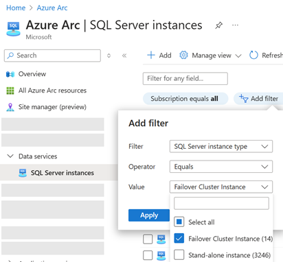 Azure Arc SQL Server 新增 FILTER 控制的 Azure 入口網站螢幕擷取畫面。