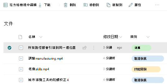 文檔庫中的影片清單，每一個都有一個名為 「類別」的自定義數據行，其中填入了「領導階層」、「職涯開發」和「技能開發」等值。