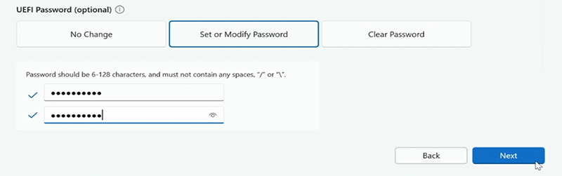 設定 Surface Hub UEFI 密碼的螢幕快照。