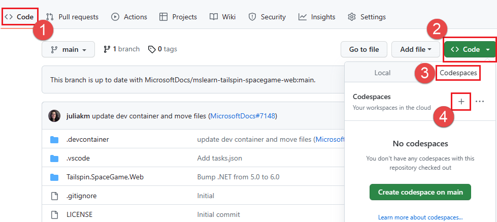 使用選項建立新 Codespace 的螢幕擷取畫面。