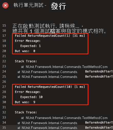 A screenshot of Azure Pipelines dashboard showing output log of an assertion failure on the unit test, expecting 10 but was 9.