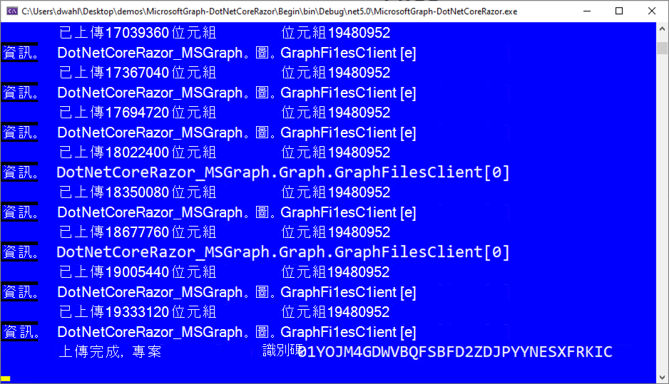 顯示上傳檔詳細資料的終端視窗。