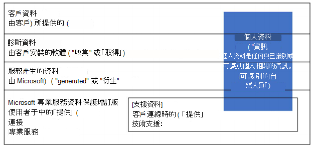 您可以在客戶資料、診斷資料、服務產生的資料、專業服務資料和支援資料中，找到顯示個人資料的資訊圖表。