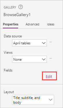 Screenshot of the gallery properties with the edit button highlighted under Fields. 
