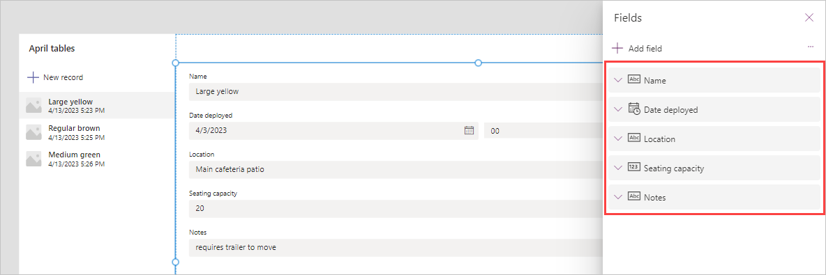 Screenshot of the fields dialog box showing the five fields from our table highlighted and in the desired order. 