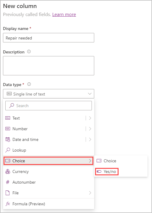 Screenshot of adding a yes/no column with choice and yes/no highlighted.