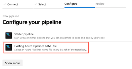 顯示醒目提示 [現有 Azure Pipelines YAML 檔案] 選項的螢幕擷取畫面。