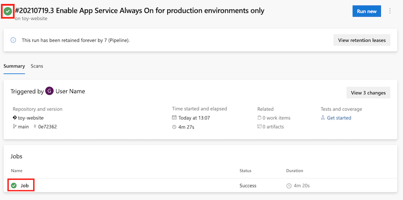 顯示管線執行成功的 Azure DevOps 螢幕擷取畫面。
