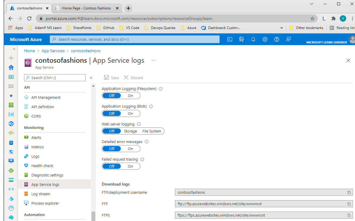 Screenshot of Diagnostics logs pane in the Azure portal.