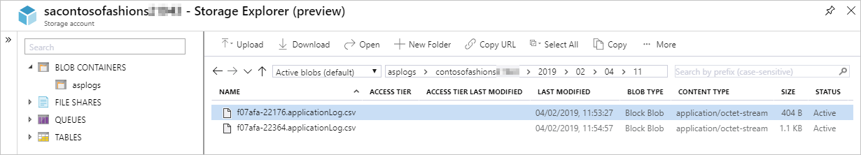 Screenshot of the Storage browser to download Windows app logs from blob containers.