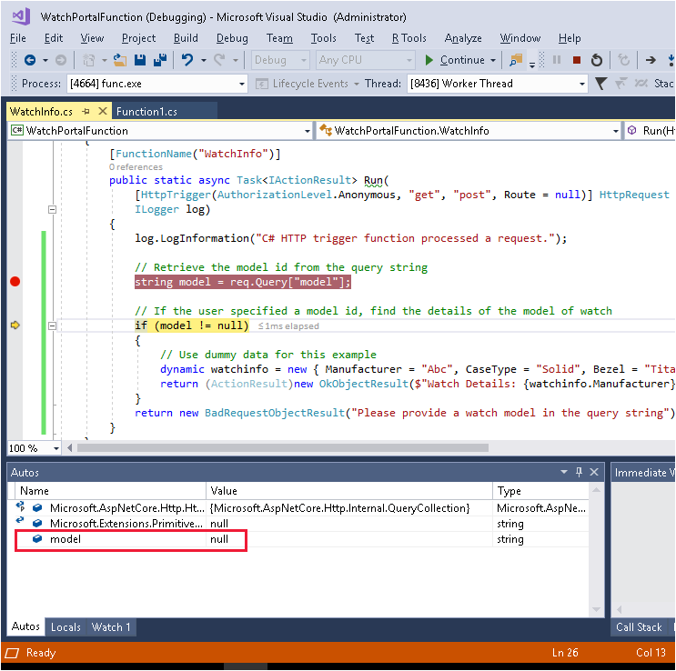 Visual Studio 偵錯工具的螢幕擷取畫面，其中顯示模型變數的值。