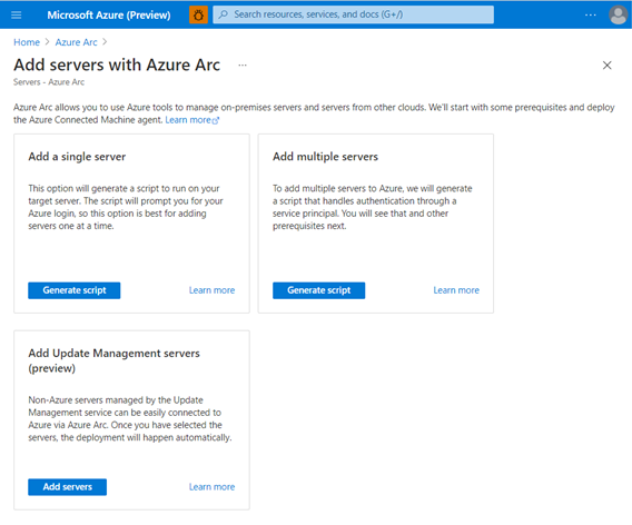 螢幕擷取畫面說明針對單一伺服器、多部伺服器和更新管理可上線至已啟用 Azure Arc 的伺服器的多個選項