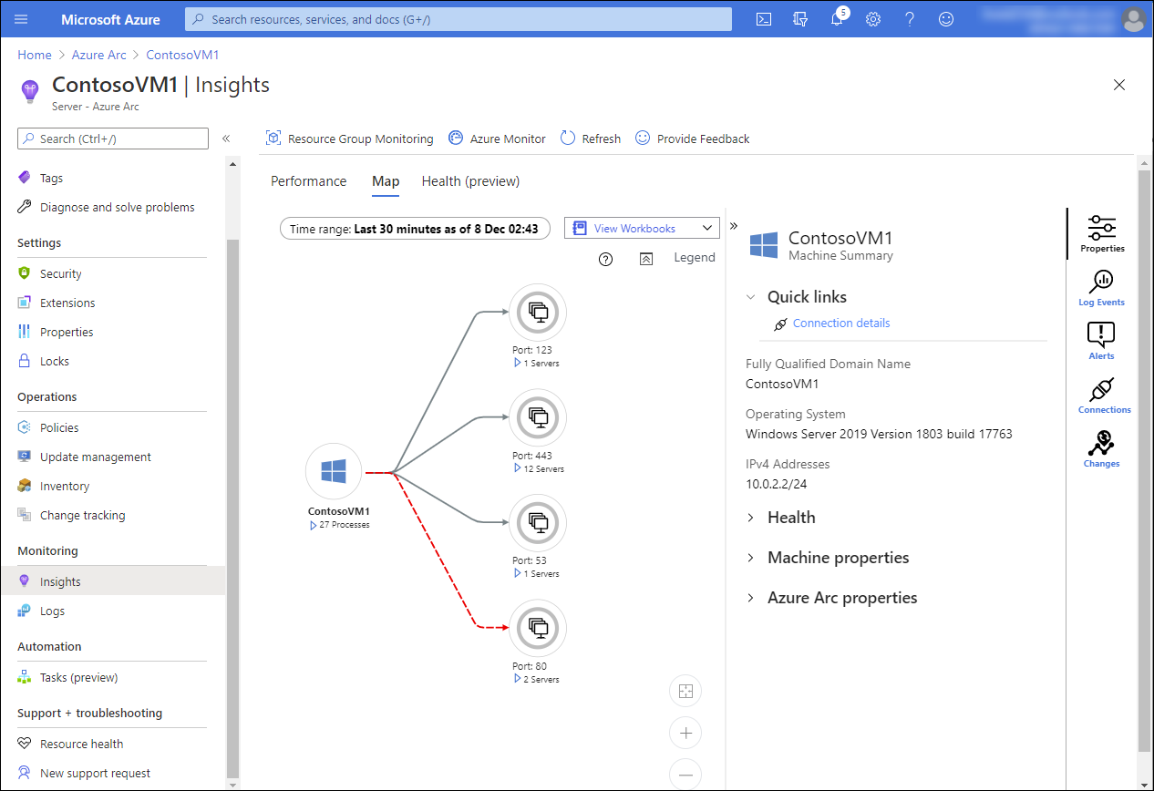 Screenshot that depicts the Map tab on the Insights page for a VM in Azure. ContosoVM1 is displayed with details of open TCP ports. A VM summary is also displayed, detailing the VM's operating system, IP address, and links for Health, Machine properties, and Azure VM properties. Three buttons are displayed for access to Properties (selected), Log Events, Alerts, and Connections.