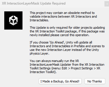 更新 XR InteractionLayerMask 中方法的螢幕擷取畫面。