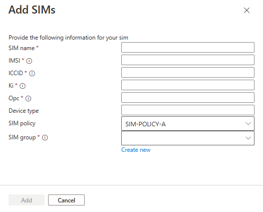 此螢幕擷取畫面顯示 [新增 SIM] 對話方塊具有 SIM 值的欄位。