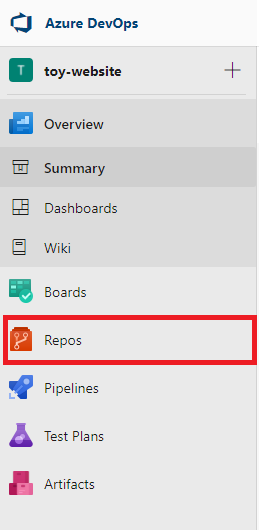 顯示專案頁面上功能表的 Azure DevOps 介面螢幕擷取畫面，其中已醒目提示 Repos 項目。