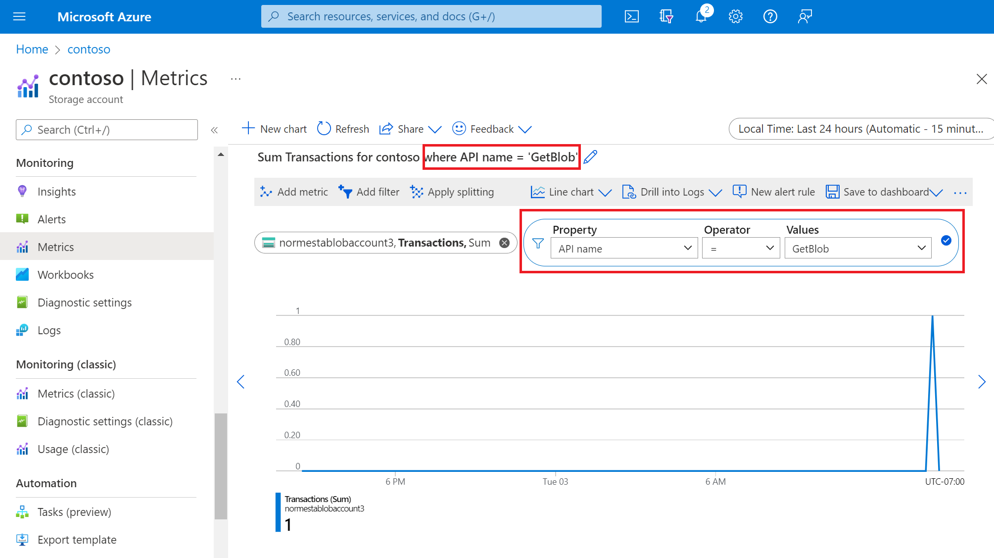 Screenshot that shows applying a dimension in Metrics Explorer.