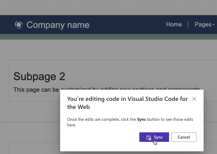 Screenshot of a prompt to synchronize page content after editing is complete in Visual Studio Code for the Web