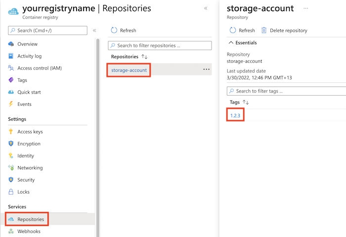 Azure 入口網站的螢幕擷取畫面，其中顯示容器登錄中的 Bicep 模組。