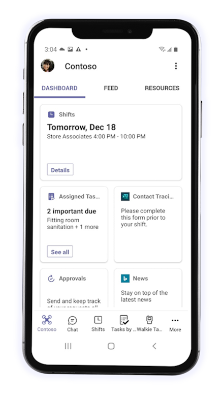 Mobile screenshot showing the Contoso dashboard with the Shifts, Assigned Tasks, Contact Tracing, Approvals, and News tiles.