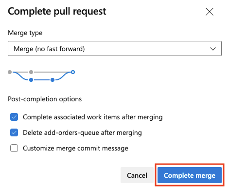 Azure DevOps 的螢幕擷取畫面，其中顯示提取要求完成面板，且已醒目提示用於完成合併的按鈕。