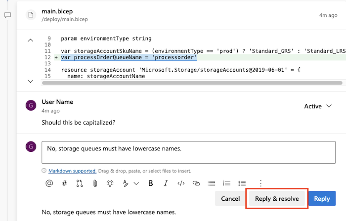 Azure DevOps 的螢幕擷取畫面，其中顯示註解回應，且已醒目提示用於回覆和解決的按鈕。