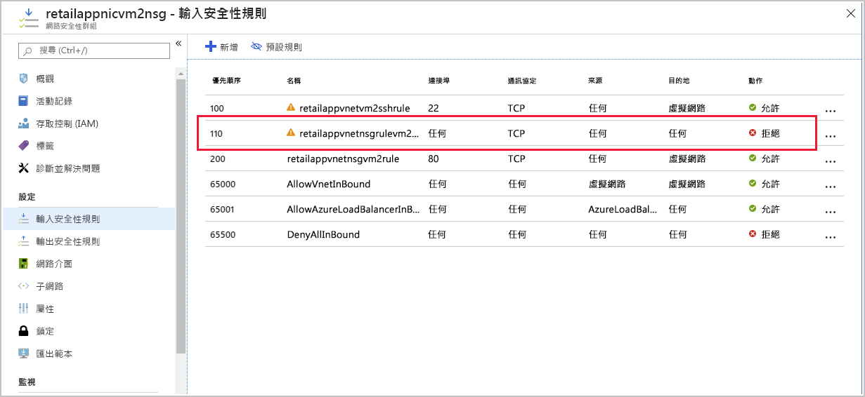 此螢幕擷取畫面顯示 NSG 的輸入安全性規則。