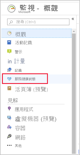 此螢幕擷取畫面顯示從左側功能表中選取 [服務健康狀態] 選項。