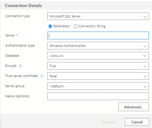 Screenshot of the create database connection blade.