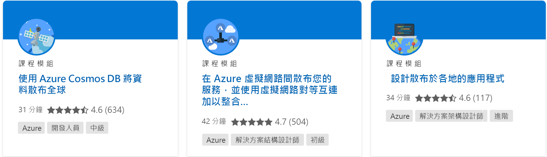 顯示單一課程模組的螢幕擷取畫面，其中包含來自 Microsoft Learn 網站的所有詳細資料