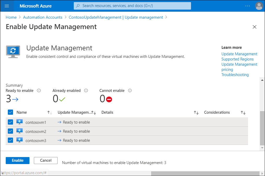 螢幕擷取畫面顯示 Azure 入口網站的 [啟用更新管理] 刀鋒視窗。系統管理員已選取三個要上線的 VM。