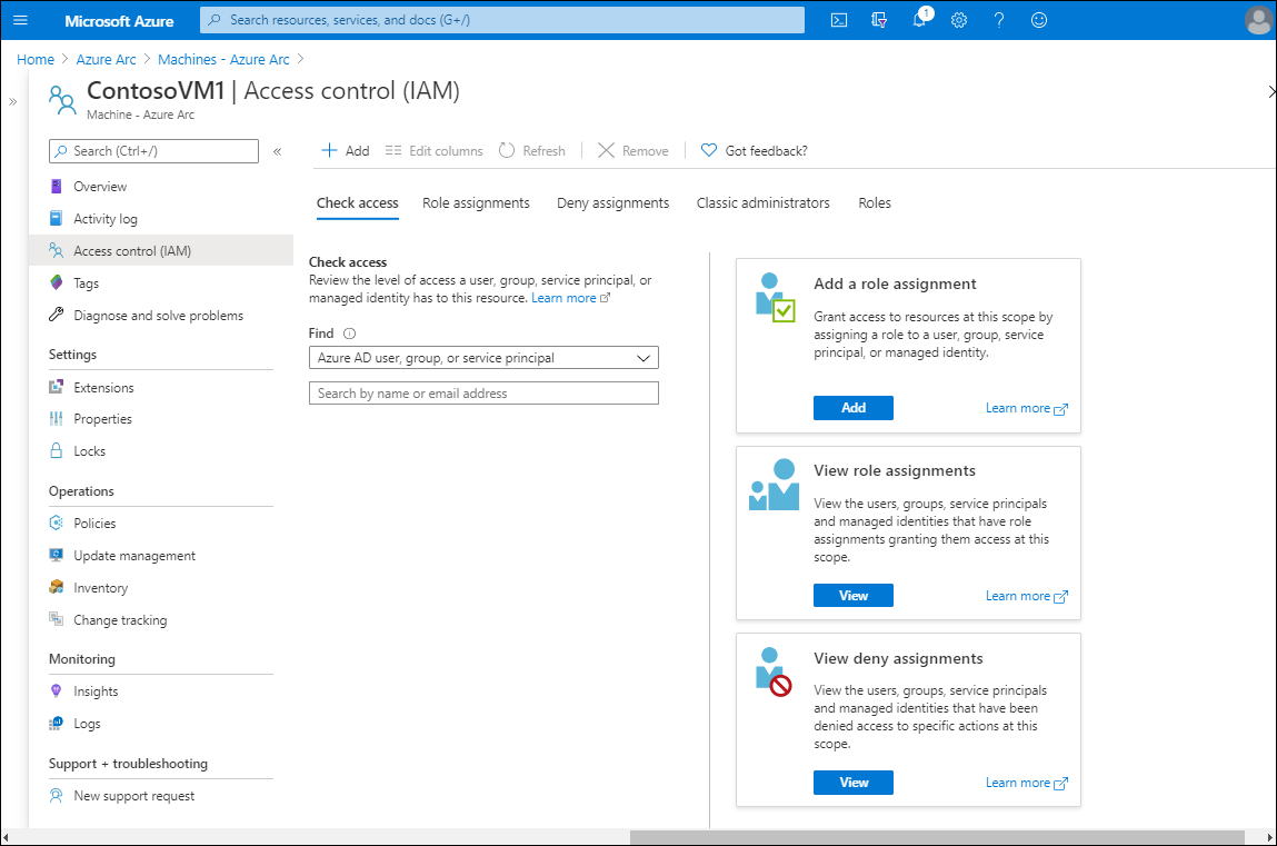 Azure 入口網站中所選 VM ContosoVM1 存取控制 (IAM) 頁面的螢幕擷取畫面。詳細資料窗格有五個索引標籤：檢查存取 (已選取)、角色指派、拒絕指派、傳統管理員和角色。