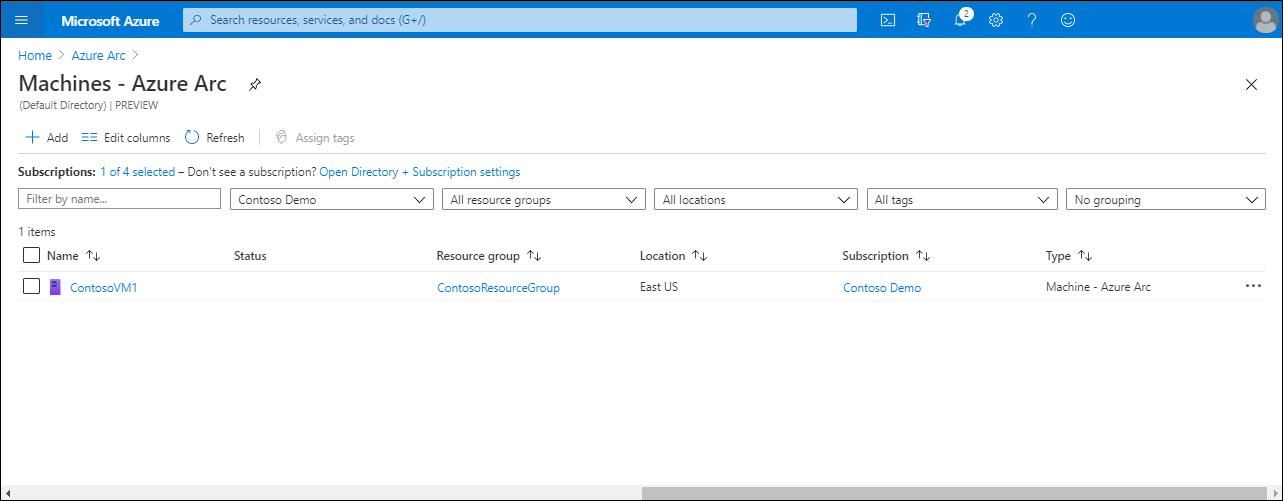 機器的螢幕擷取畫面 - Azure 入口網站中的 [機器 - Azure Arc] 頁面。列出單一電腦 ContosoVM1。