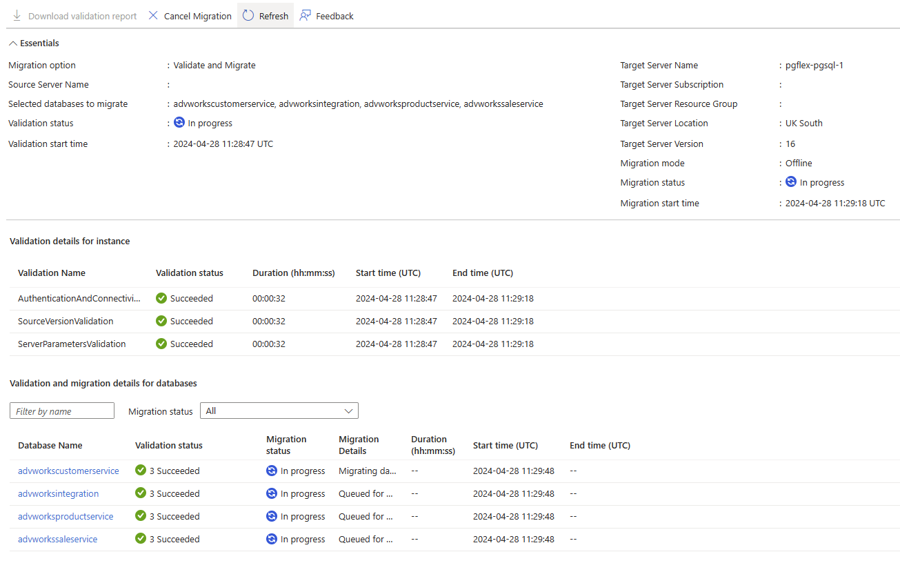 Azure 入口網站的螢幕擷取畫面，其中顯示移轉專案資料庫的驗證和移轉狀態。