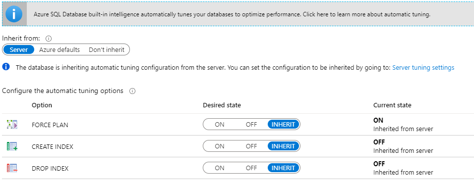 Azure SQL Database 的自動微調選項螢幕擷取畫面。